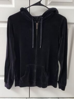 Black Velour Zip-Up Hoodie with Drawstring